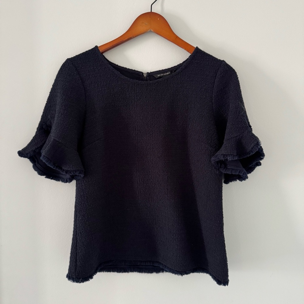 Banana Republic Tweed Navy Ruffle Sleeve Top